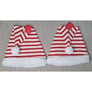Place & Time Santa Hat Red & White Striped Pom Pom Faux Fur Trim Set of 2 NEW